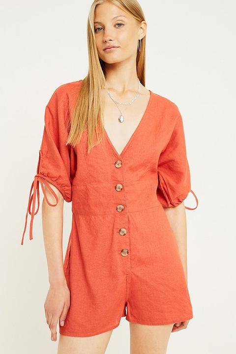 Uo Tabby Linen Red Playsuit