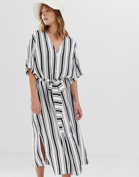 Weekday - Robe Mi-longue Rayée À Nouer À La Taille - Noir Et Blanc