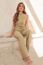 Tie Detail Open Back Jumpsuit In Sage Green