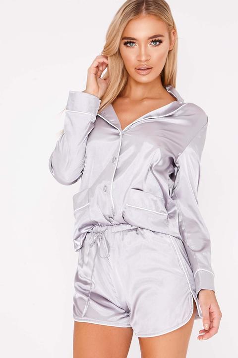 Grey Sets - Alesti Grey Satin Piping Detail Shorts Pyjama Set