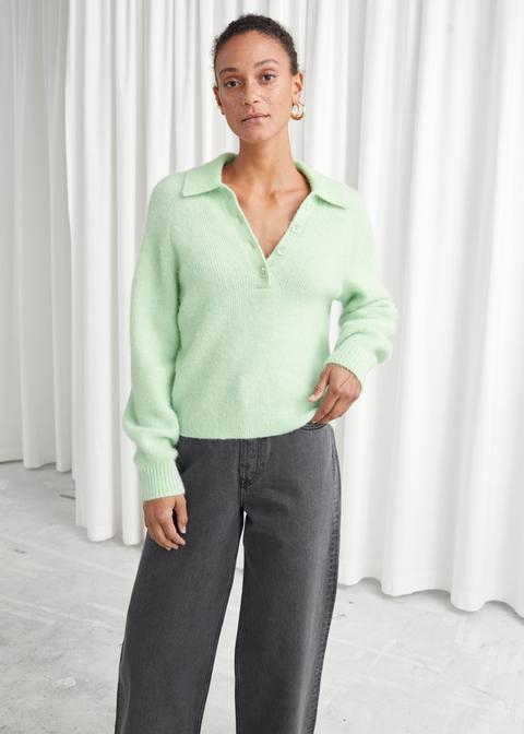 Collared Wool Blend Ribbed Sweater