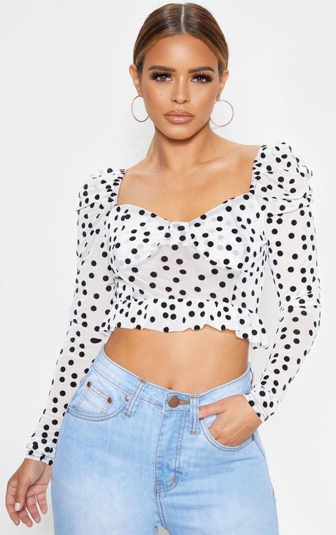 Petite White Polka Dot Mesh Long Sleeve Top