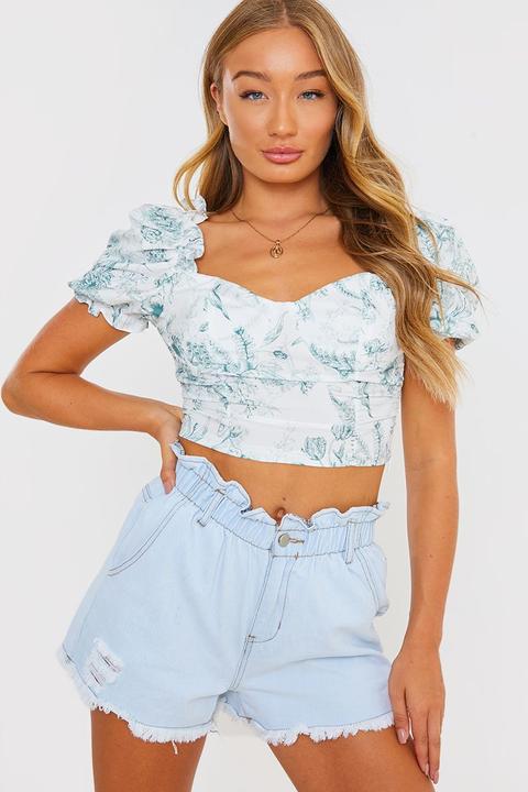 Green Tops - Sage Green Floral Puff Sleeve Crop Top