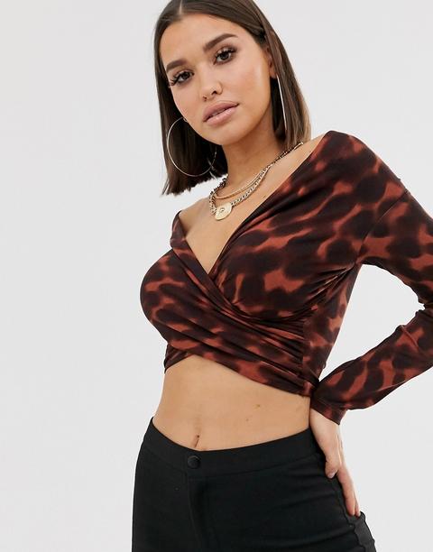 Asos Design - Top Incrociato Tartarugato Con Scollo Alla Bardot - Multicolore