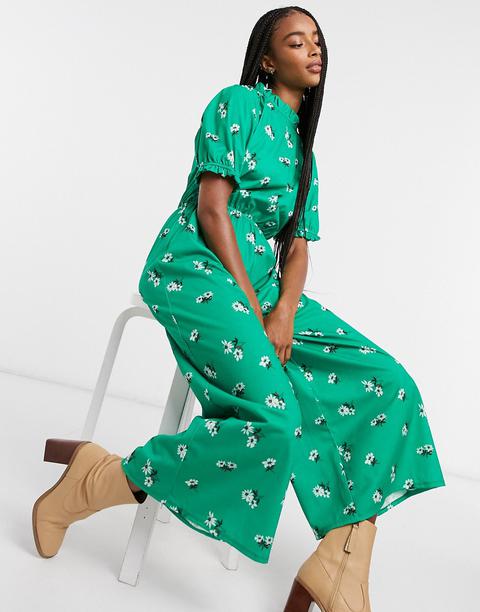 Asos Design Jersey High Neck Frill Tea Jumpsuit With Buttons In Green Floral-multi