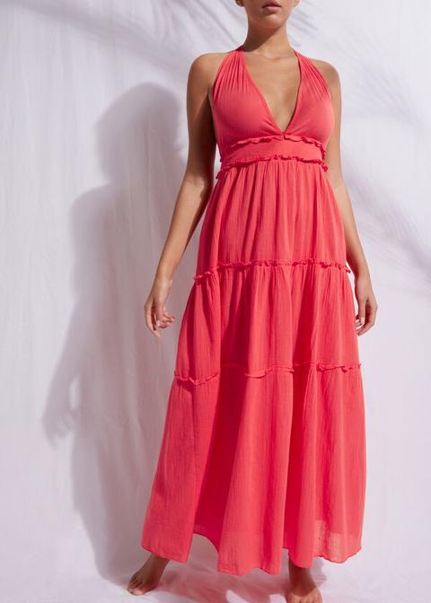 Vestido Largo De Tela Con Cordón