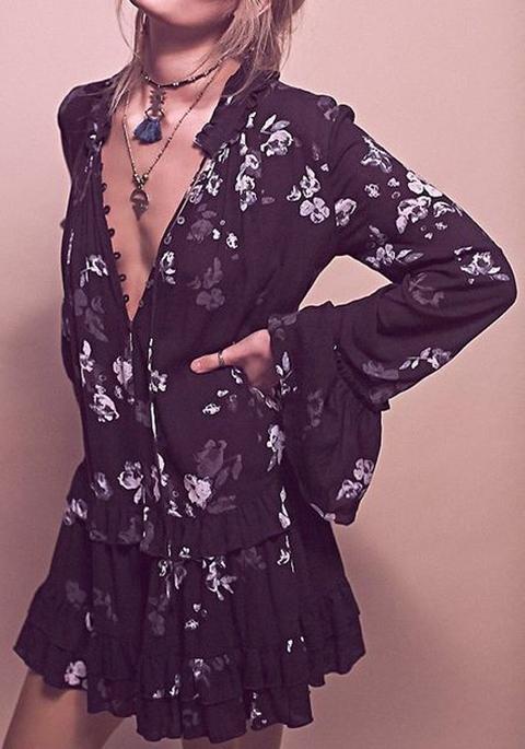 Black Floral Ruffle V-neck Long Sleeve Mini Dress