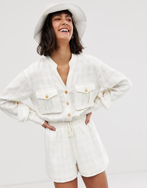 Asos Design Button Front Casual Textured Tie Waist Utility Playsuit With Pocket Detail-white