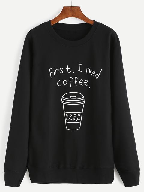 Black Coffee Cup Letters Print Sweatshirt