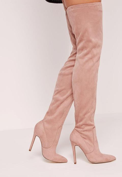 Pink Faux Suede Pointed Toe Over The Knee Heeled Boots