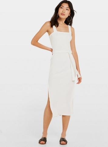 Womens Ivory Square Neck Rib Belted Midi Dress, Ivory