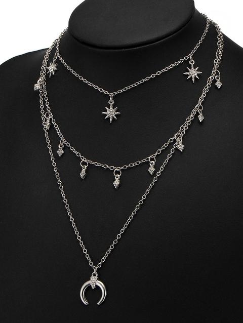 Collana Tribale A Strati Con Diamante Artificiale E Motivo A Sole E Luna Silver Golden