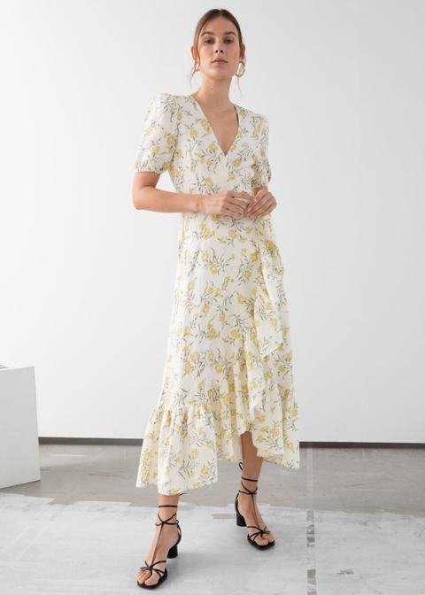 Ruffled Linen Wrap Midi Dress from AND 