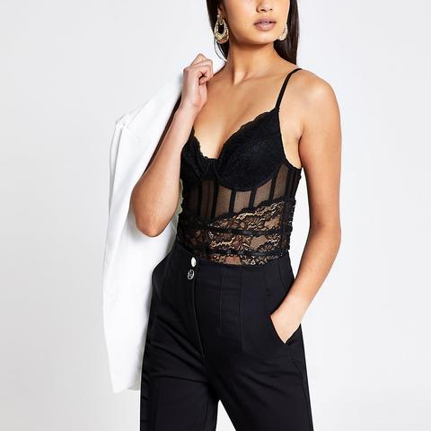 Black Lace Sheer Panel Bodysuit