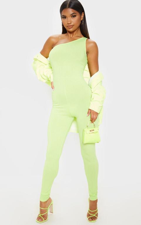 Lime Rib One Shoulder Sleeveless Jumpsuit, Green