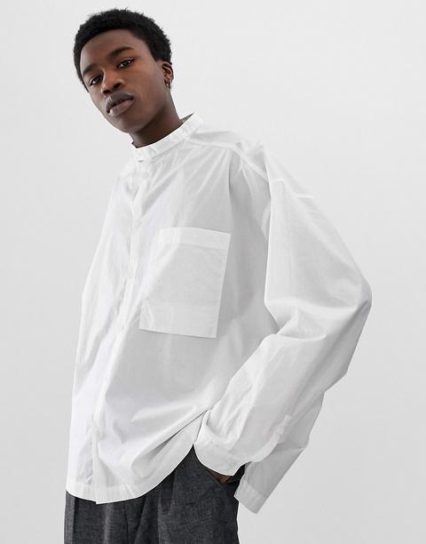 Asos White Extreme Oversized Shirt In White Crinkle Cotton With Grandad Collar