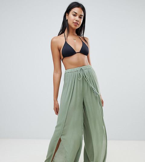 Asos Design - Strandhose Mit Vorderschlitz - Grün