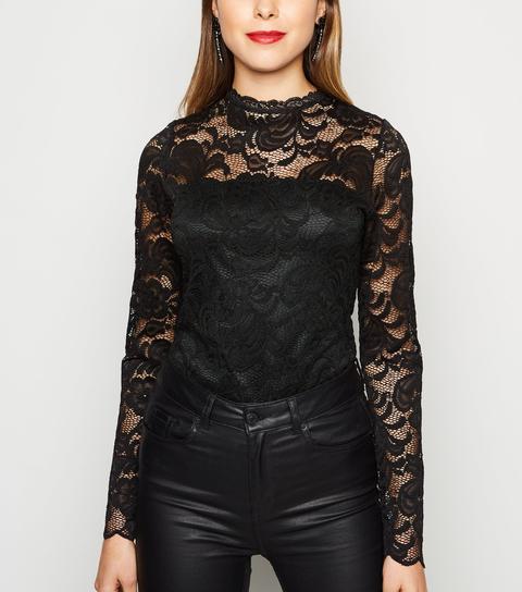 Black Lace High Neck Bodysuit New Look