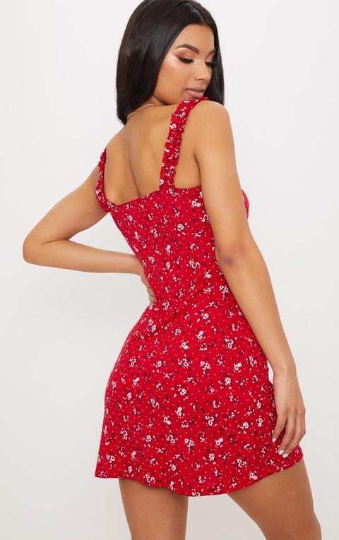 red floral print frill detail shift dress