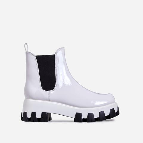 Easton Chunky Sole Ankle Chelsea Boot In White Patent, White