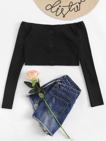 Look Sexy Colore Unico Bottoni Nero T-shirts