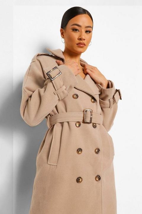 Womens Belted Wool Look Trench Coat - Beige - 12, Beige