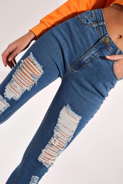 Mid Wash Skinny High Waisted Ripped Jeans