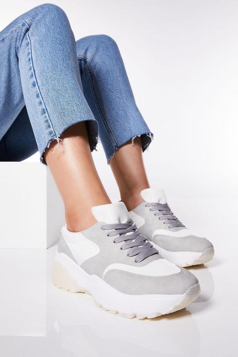 White And Grey Lace Up Chunky Trainers