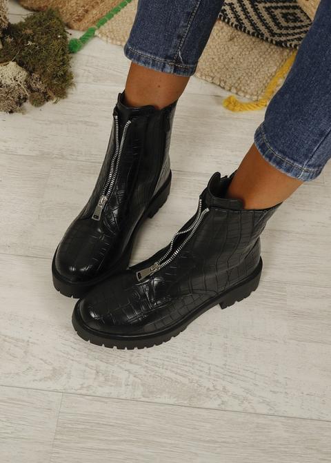 Botin Negro Efecto Coco Cremallera Delantera