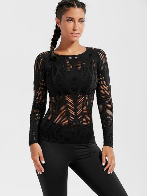 Long Sleeve Sheer Ripped Sports T-shirt
