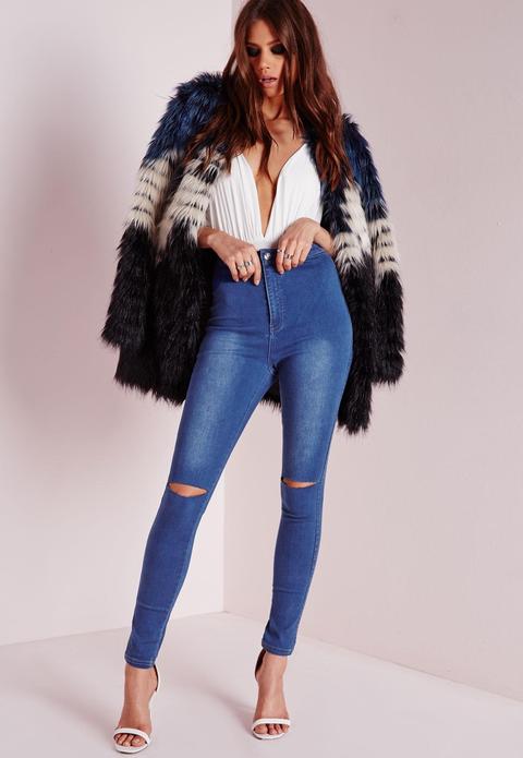 Vice High Waisted Slash Knee Skinny Jeans Mid Blue