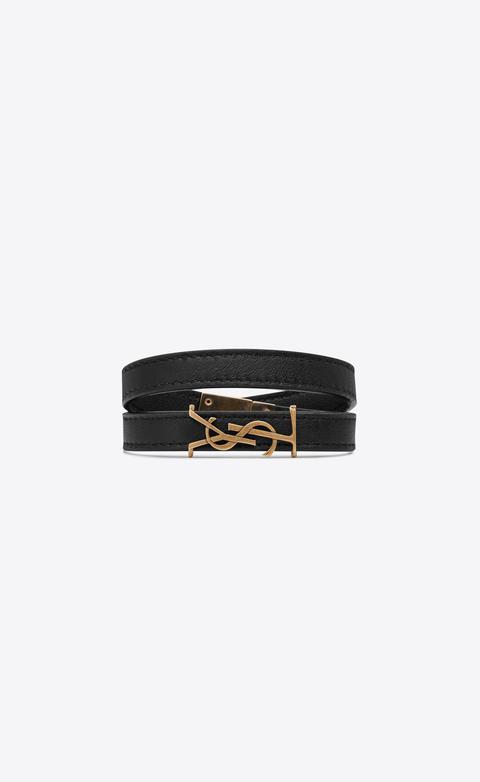 Opyum Double Wrap Bracelet In Black Leather And Bronze Metal