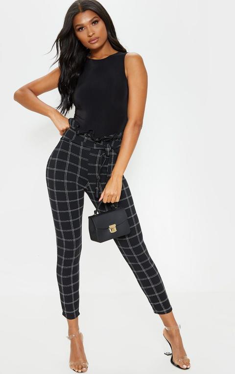 Black Tweed Check Paperbag Skinny Trousers, Black Check