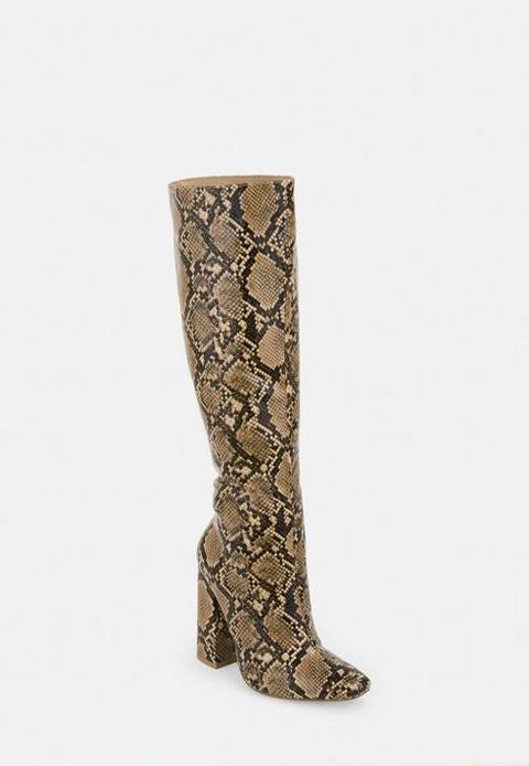 Beige Snake Print Calf Height Heeled Boots, Beige