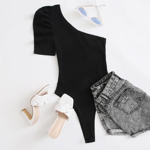 One Shoulder Puff Sleeve Rib-knit Bodysuit