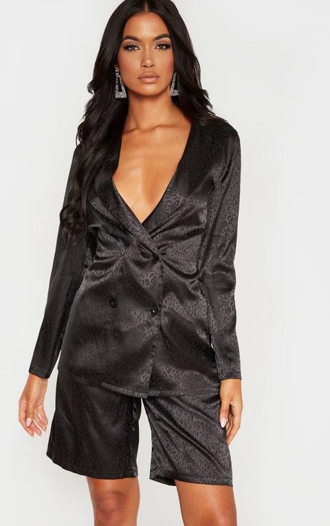 Black Satin Leopard Jacquard Longline Blazer