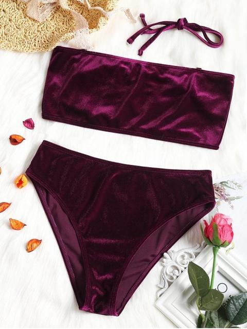 Bandeau Bralette Velvet High Cut Bikini Set Deep Blue Wine Red