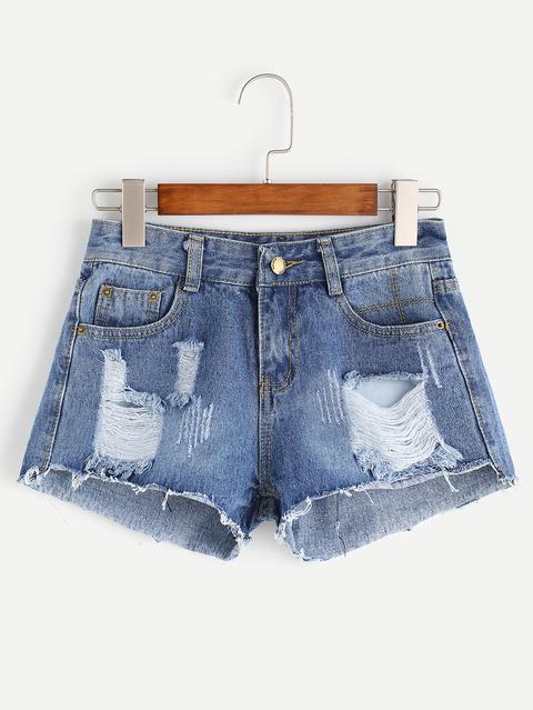 Light Blue Strappato Raw Denim Shorts Hem