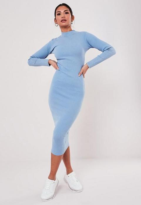 Blue Rib High Neck Bodycon Midi Dress, Blue