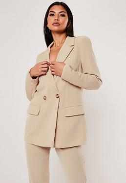 Zweireihiger, Langer Blazer Mit Knöpfen In Beige, Kombiteil