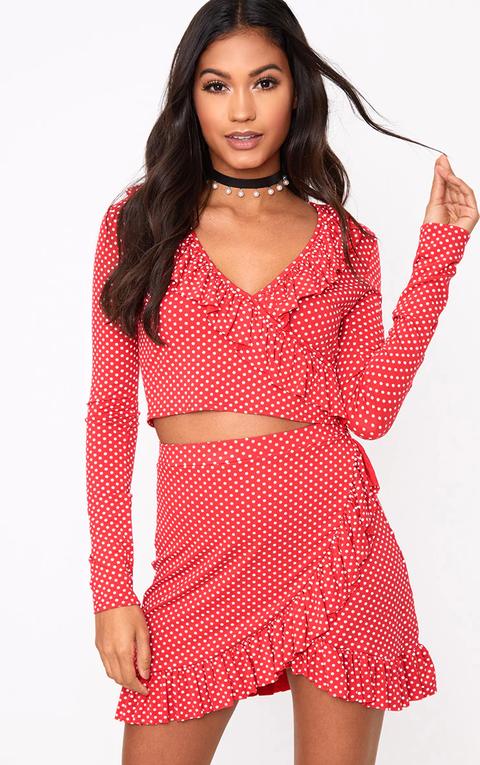 Red Polka Dot Frill Wrap Mini Skirt, Red Polkadot