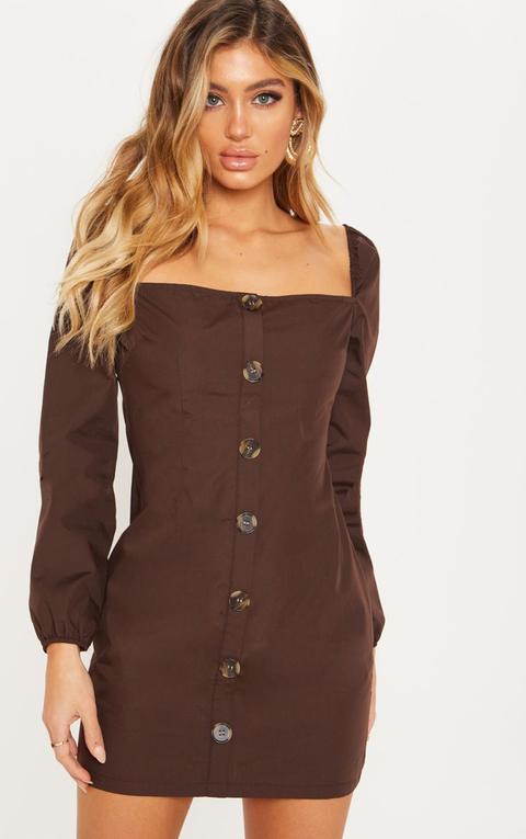 Chocolate Puff Sleeve Button Up Shift Dress