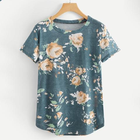 Random Flower Print Curved Hem Tee