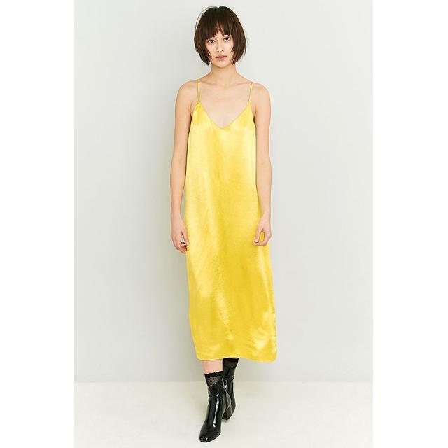 yellow satin midi dress