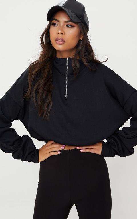 Black Rib Zip Front Long Sleeve Sweater