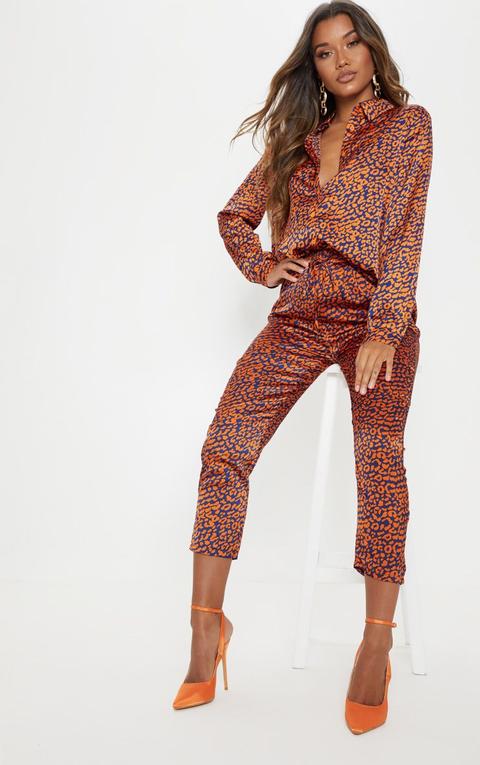 Orange Contrast Leopard Print Cigarette Trouser, Orange