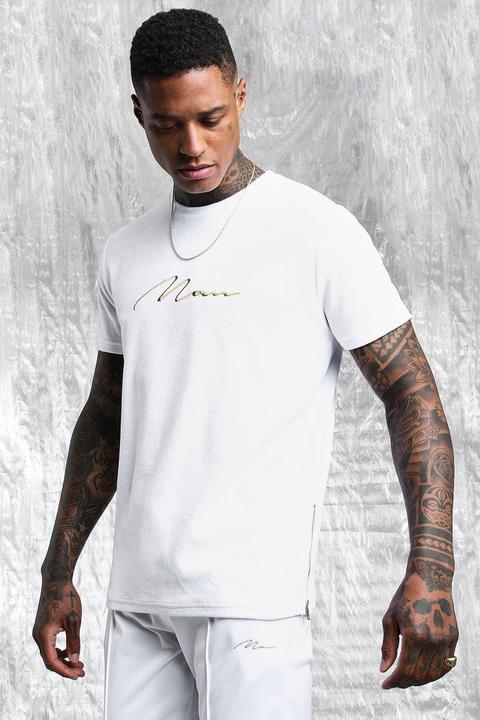 White & Gold Velour Man T-shirt With Zip