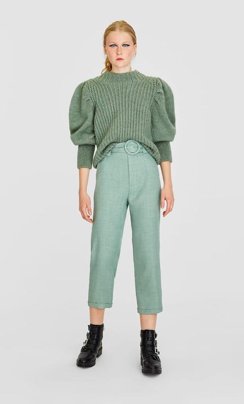 Stradivarius Pantalon Droit Rustique Femme Vert Pastel 34