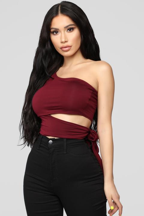 Heart Holder One Shoulder Top - Burgundy