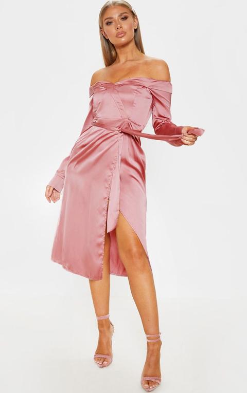 Rose Satin Bardot Lapel Detail Wrap Midi Dress